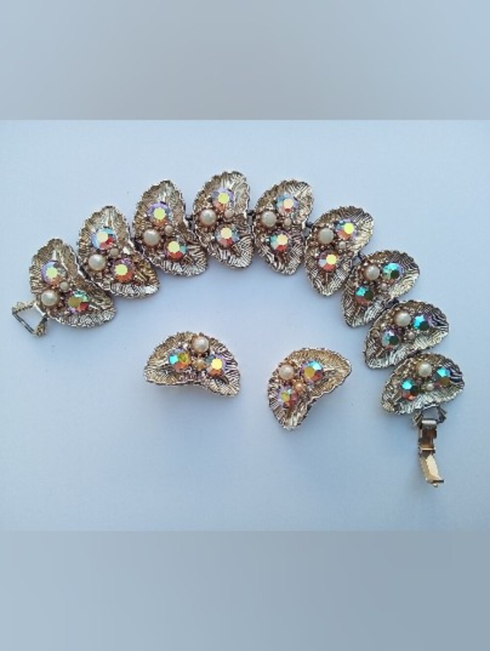 Vintage Set Bracelet and Clip-On Earrings With AB Rhinestones